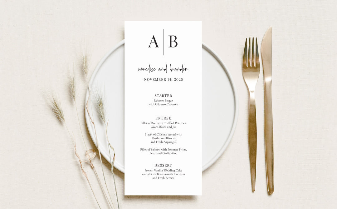 Modern Initials Wedding Menu