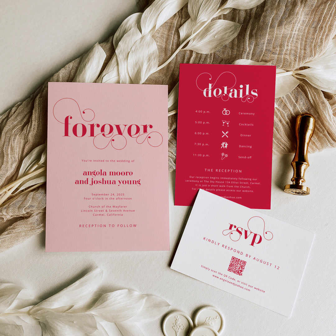 Cherry Red and Pink Wedding Invitations on a neutral background