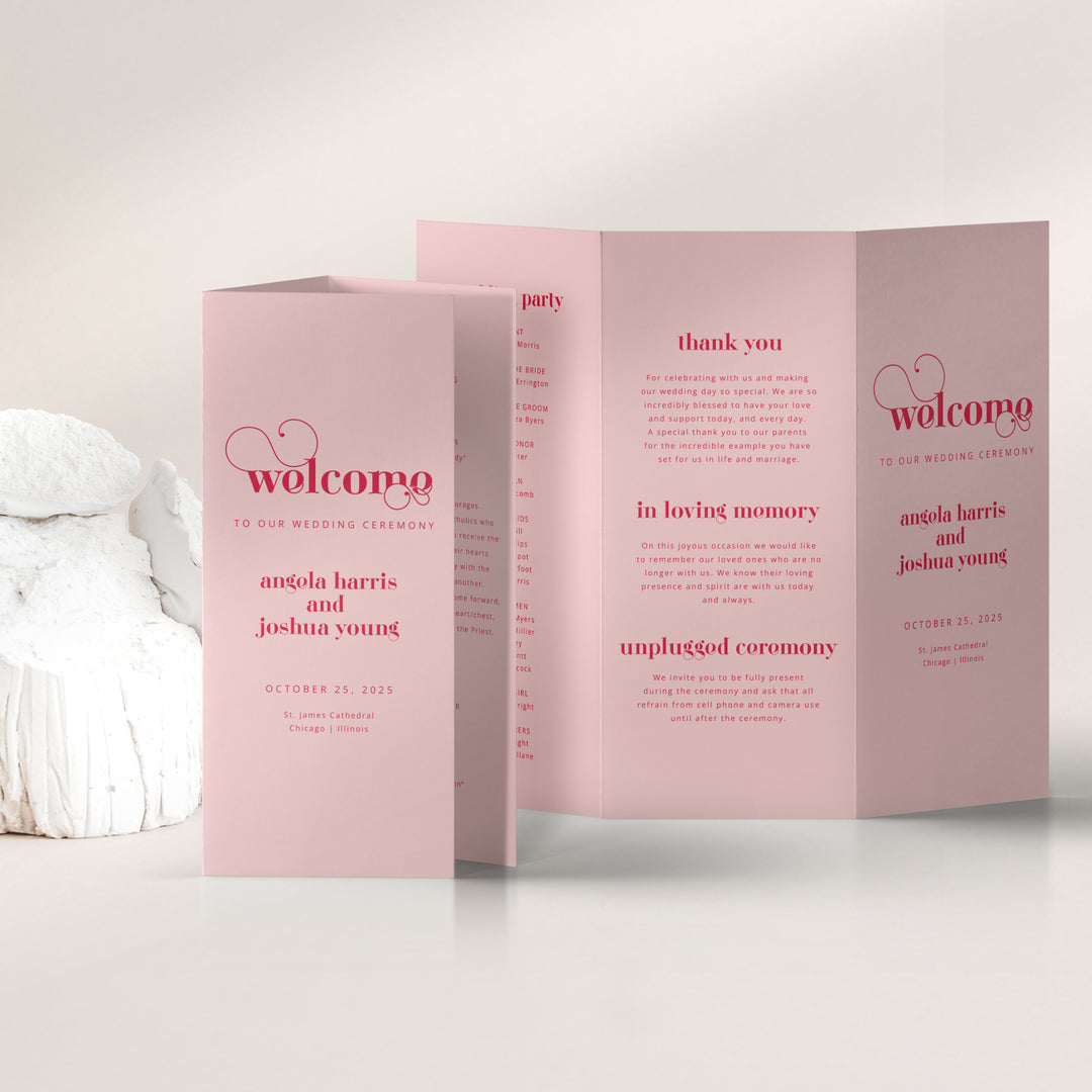 Red and Pink Tri Fold Program on neutral background