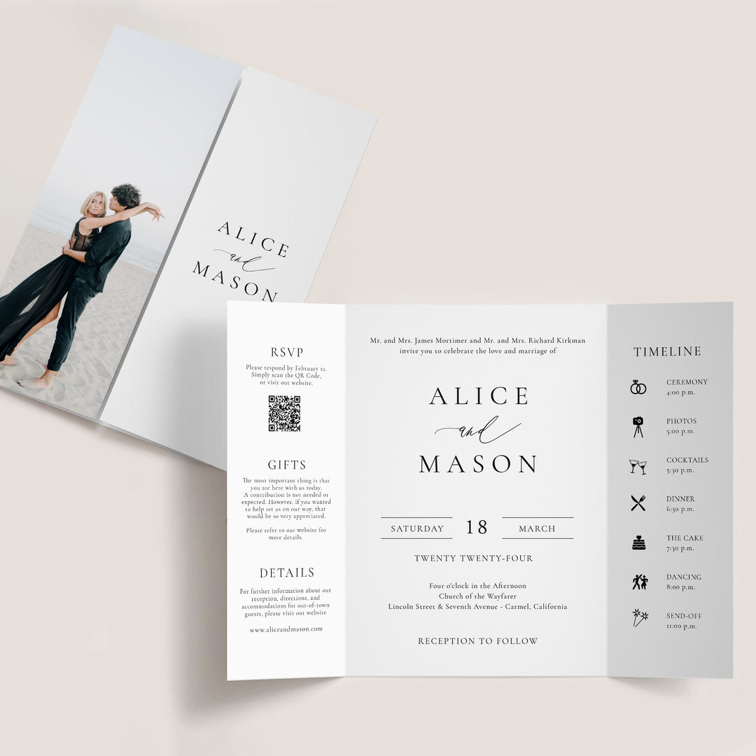 Gatefold Wedding Invitation with a photo of a happy couple on a beach. From the Classic Minimalist Collection