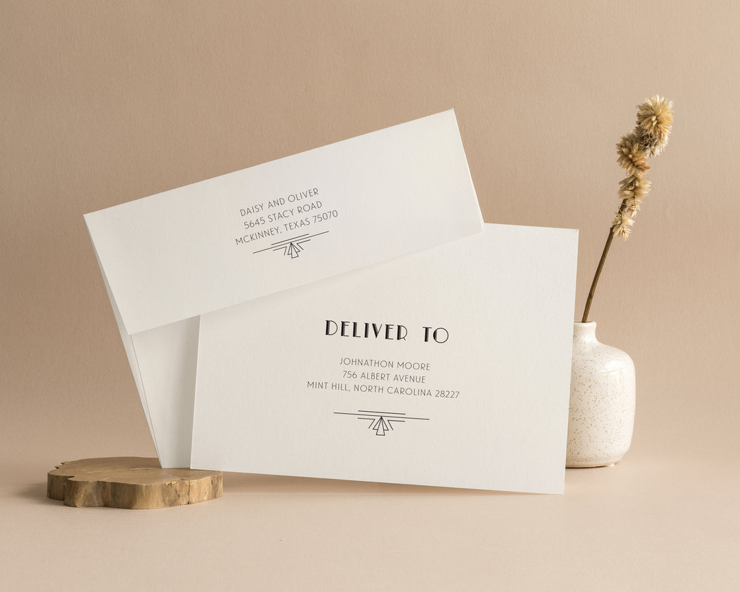 Art deco style envelopes on neutral background