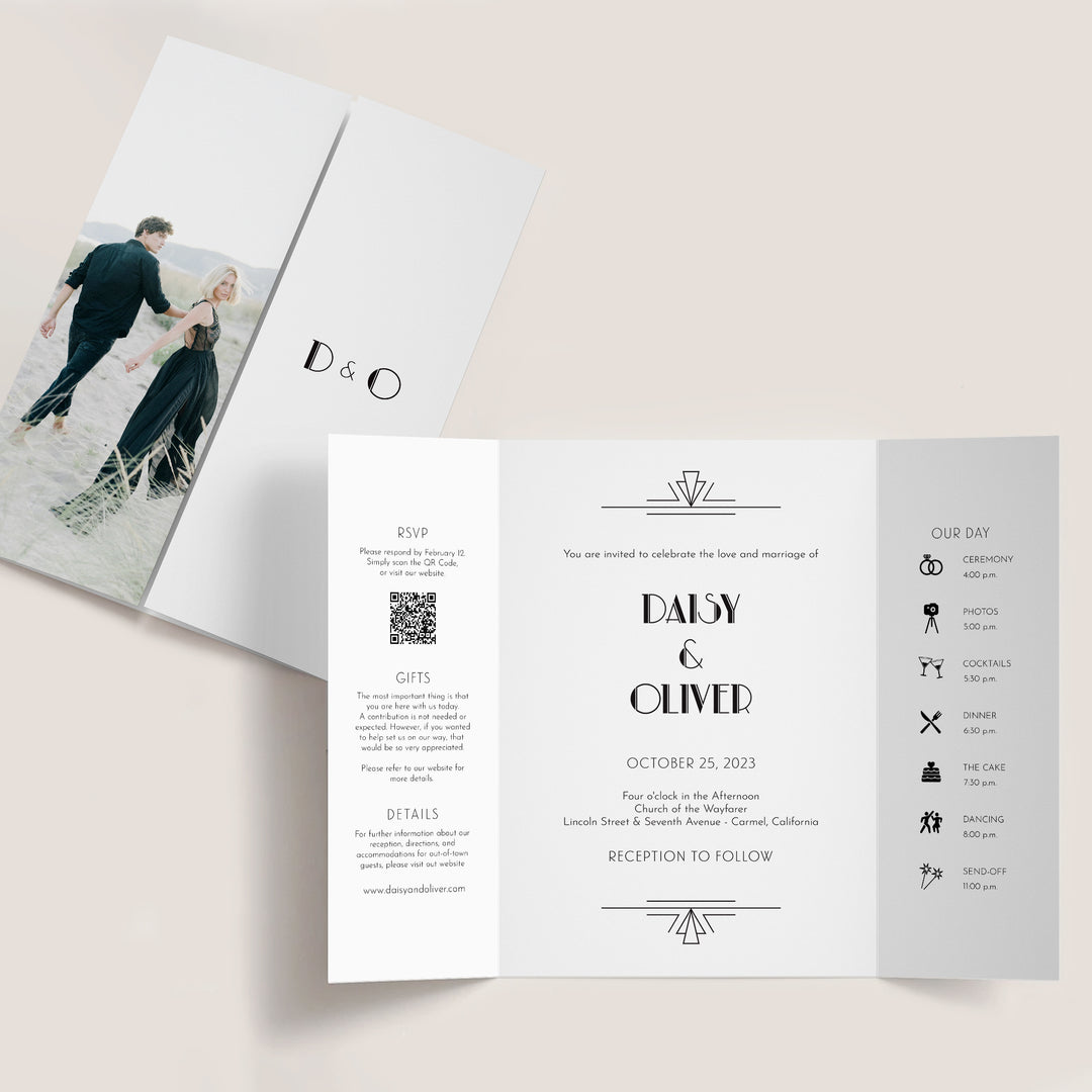 Art Deco style Wedding Gatefold Invitation on Neutral Background