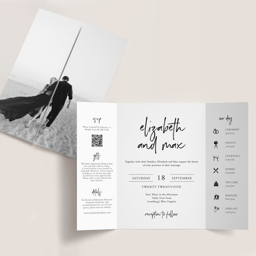 Black and  White Photo of a Couple on the beach on Gatefold Invitation Cover. Wild Spirit Collection