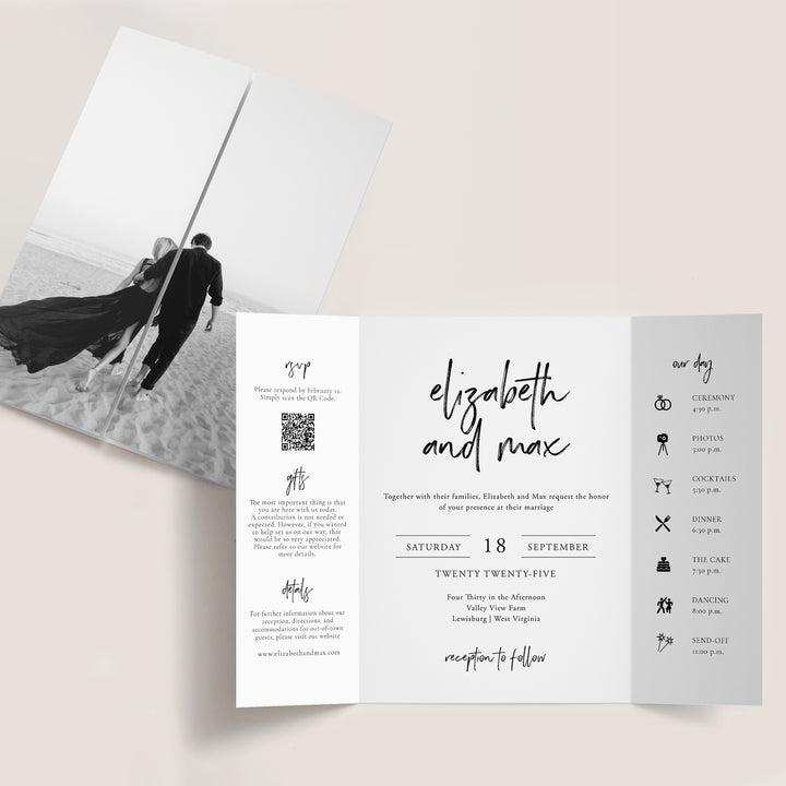 Black and  White Photo of a Couple on the beach on Gatefold Invitation Cover. Wild Spirit Collection