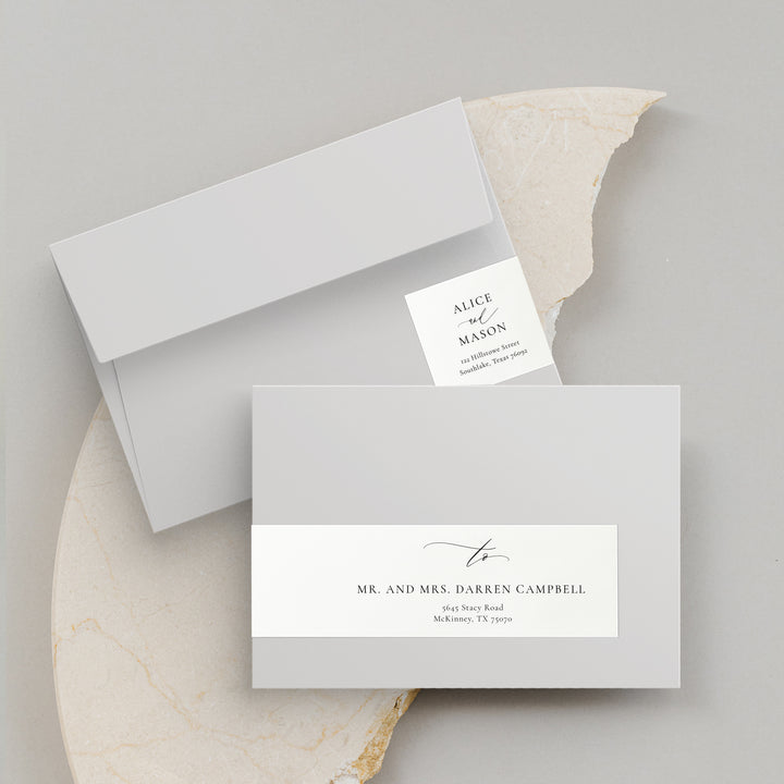 Grey Envelopes with Wraparound Labels on Broken Crockery. The Classic Minimalist Collection