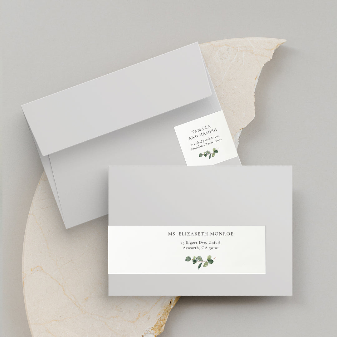 Broken Crockery with Grey Envelopes and Wraparound Labels with Watercolor Eucalyptus