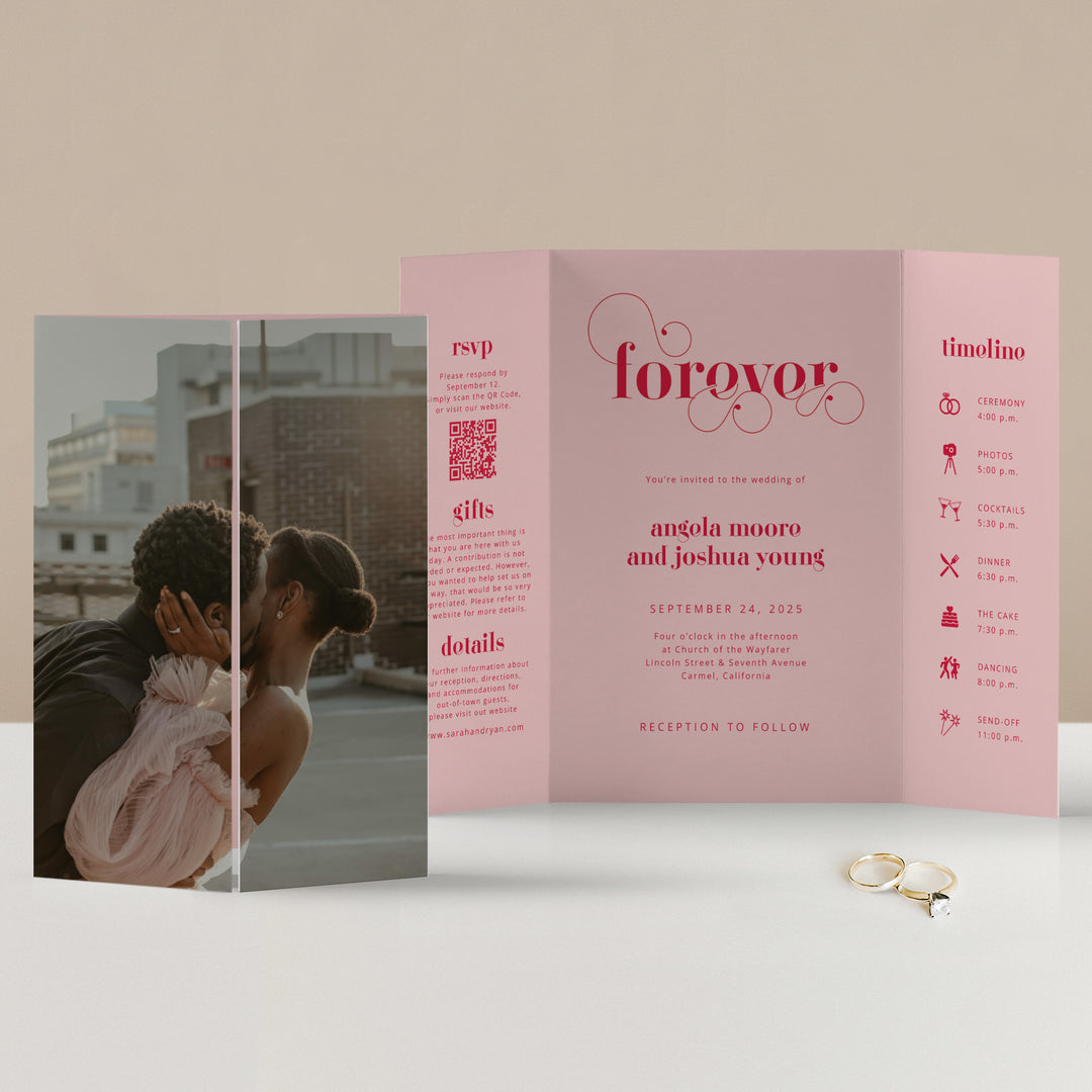Red and Pink Folded Invitation with a photo of a beautiful couple on the front