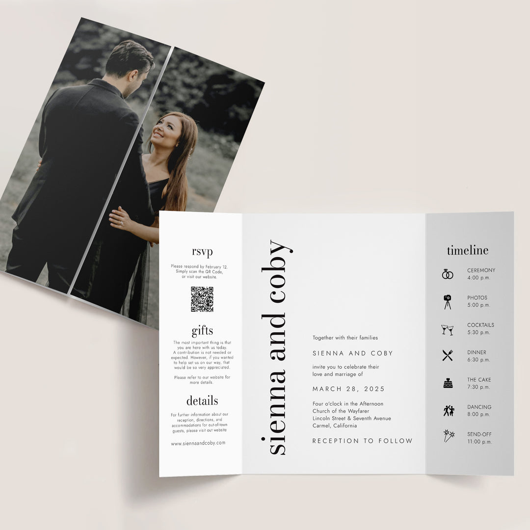 Gatefold Invitation with Couple wearing black, minimalist. Mad Love Collection