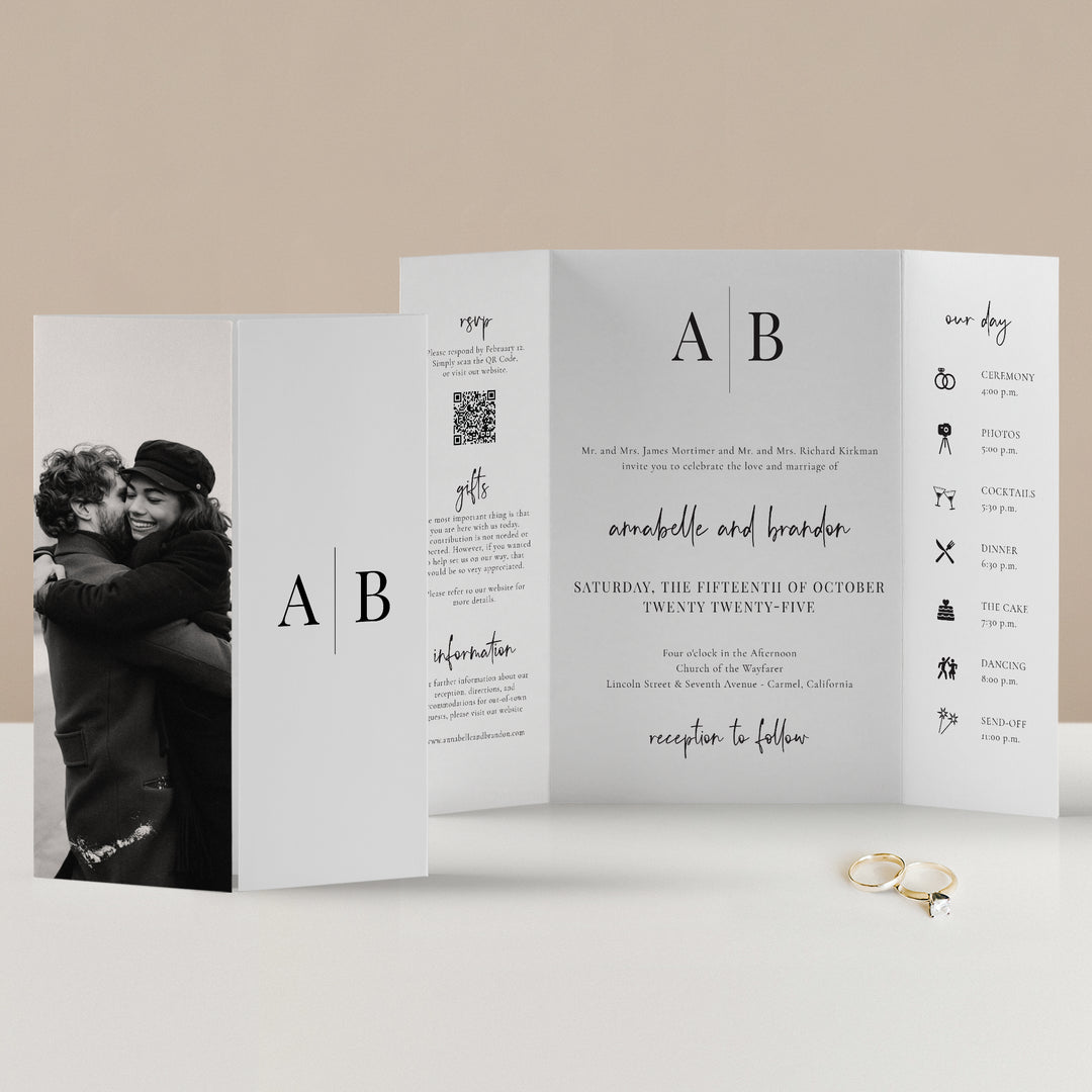 Monogram Gatefold Wedding Invitation with Couple Embracing. Modern Initials Collection